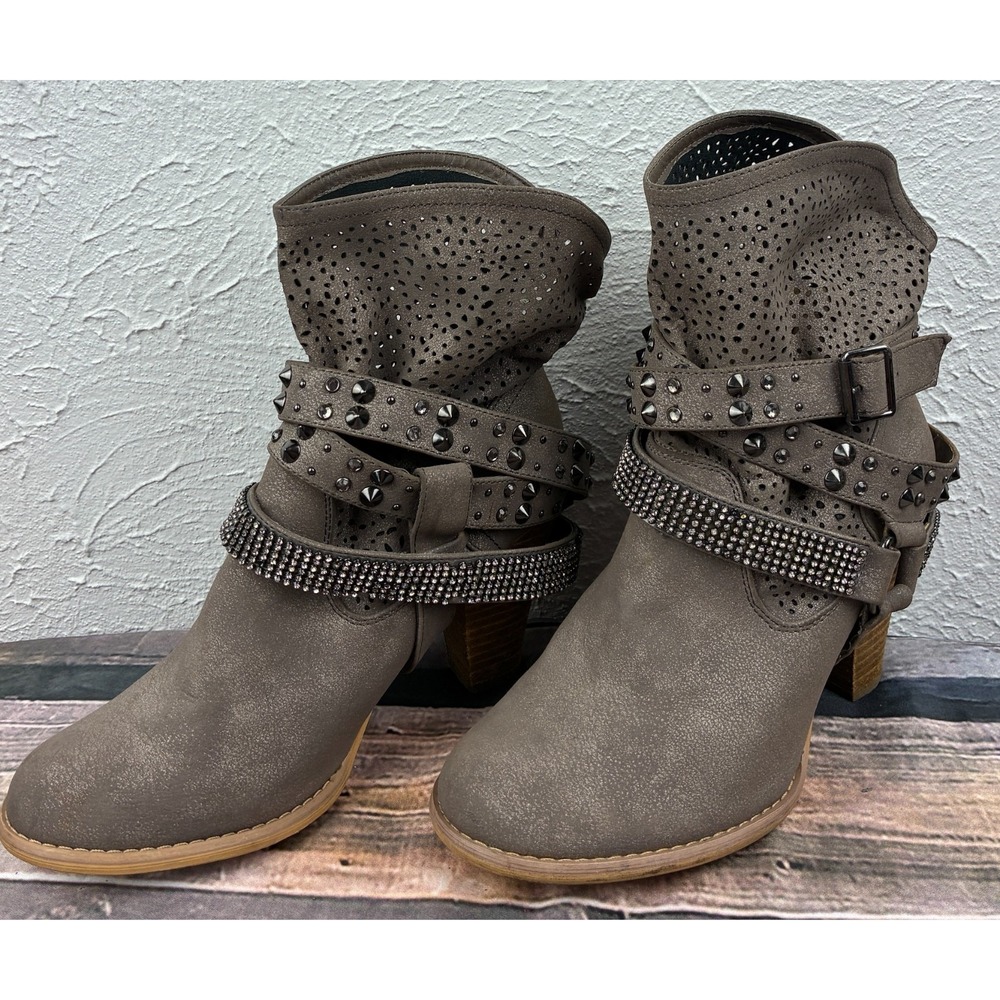 Not Rated Studded Ankle Boots Womens 9 Taupe Cutout Rhinestone Buckle